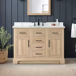 Doveton 48 in. Single Sink Freestanding Weathered Tan Bath Vanity with White Engineered Marble To... | The Home Depot