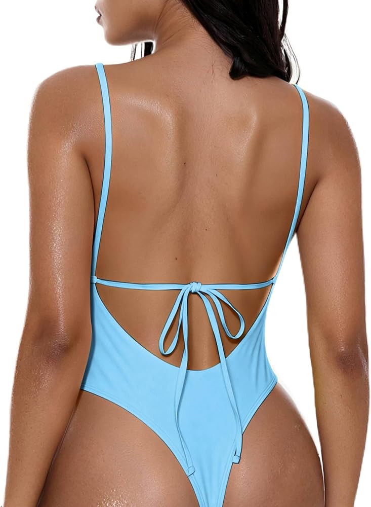 Sexy One Piece Swimsuit for Women Deep V Neck High Cut Thong Bottom Tie Back Bathing Suit | Amazon (US)