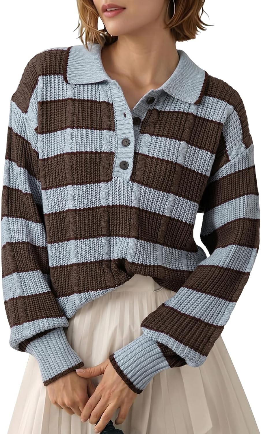 Dokotoo Sweaters for Women Button Polo Lapel Collar Cable Knit Sweater Tops | Amazon (US)