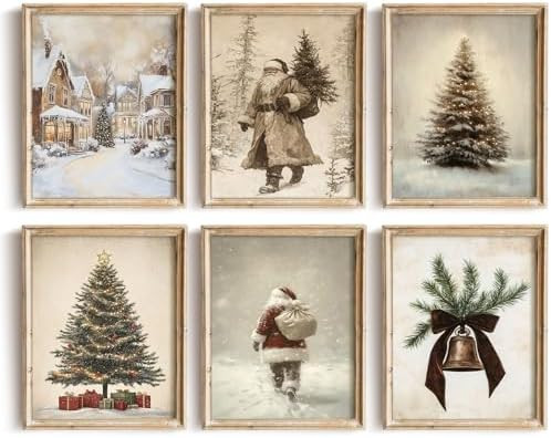 uniro Vintage Christmas Wall Art Set of 6pcs, Santa Claus Prints, Neutral Farmhouse Christmas Dec... | Amazon (US)