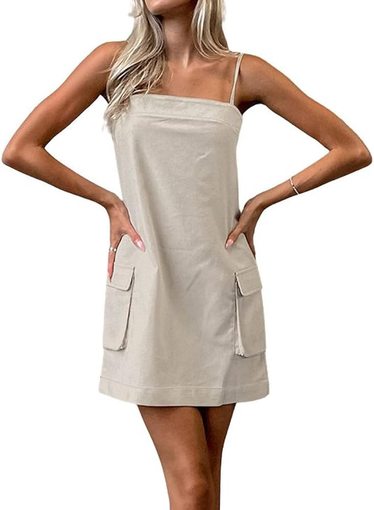 CHARTOU Cotton Linen Dress for Women Spaghetti Strap Sleeveless Mini Dress with Pockets | Amazon (US)