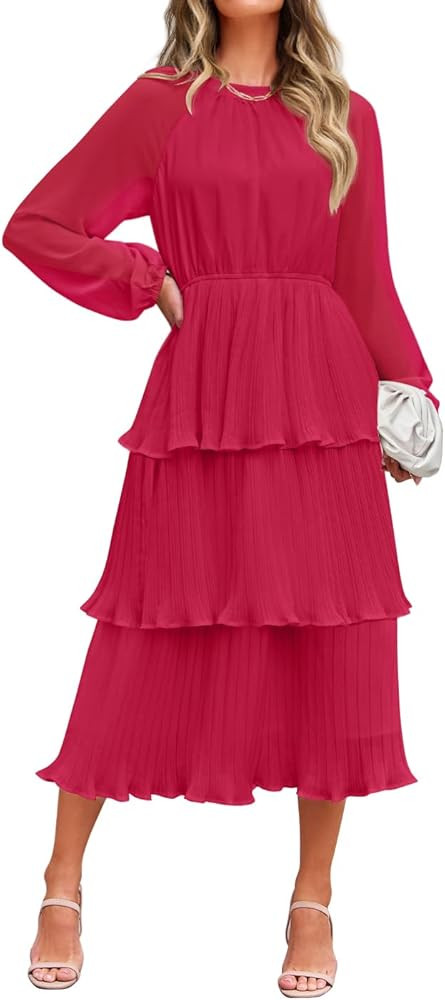 ZESICA Women's 2026 Long Sleeve Crew Neck Ruffle Tiered Layered Chiffon Flowy Swing Long Midi Dre... | Amazon (US)