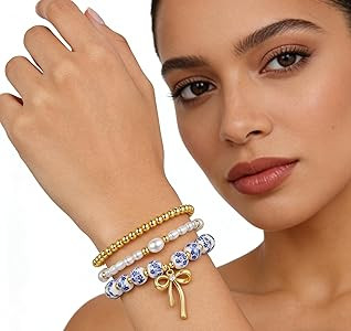 Trendy Gold Bracelets for Women- Bow Charm Stretch Beaded Bracelet, Christmas Romantic Jewelry - ... | Amazon (US)