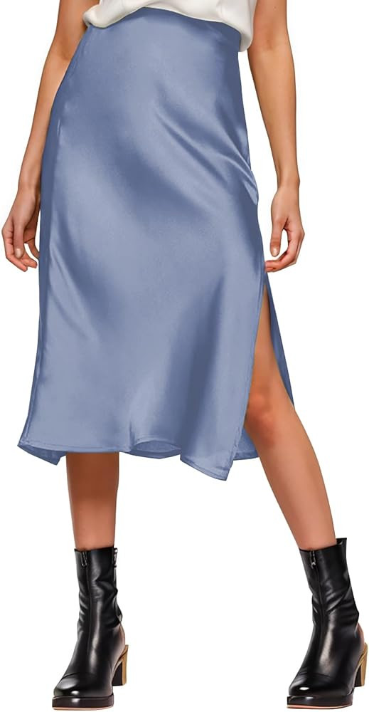 Womens Satin Silk High Waist Slit Midi Skirt Elastic Waistband Midi Skirts for Women | Amazon (US)