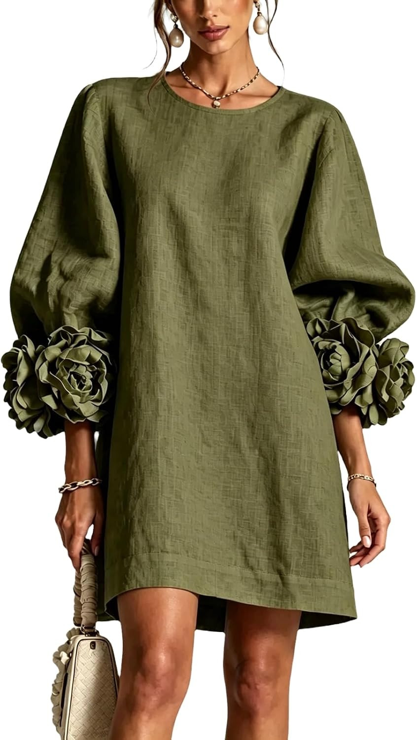 Women Fall Cotton Linen Mini Dress Round Neck Long Balloon Sleeve 3D Floral Cuff Solid Loose Elegant Casual Dresses | Amazon (US)