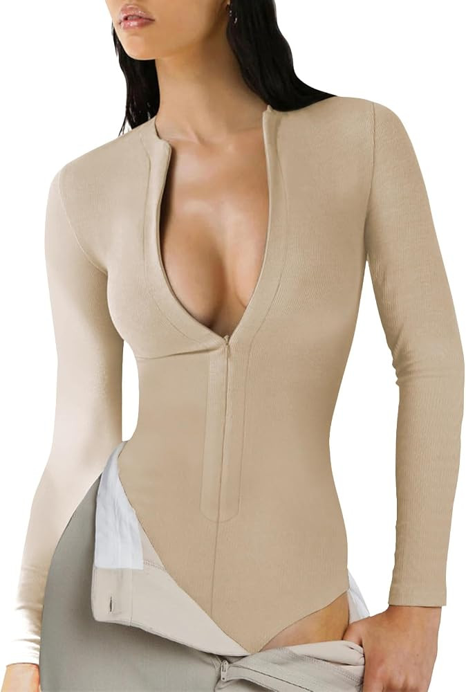 CAIYING Bodysuits for Women Sexy Deep V Neck Zip Up Bodysuit Ribbed Long Sleeve One Piece Bodysui... | Amazon (CA)