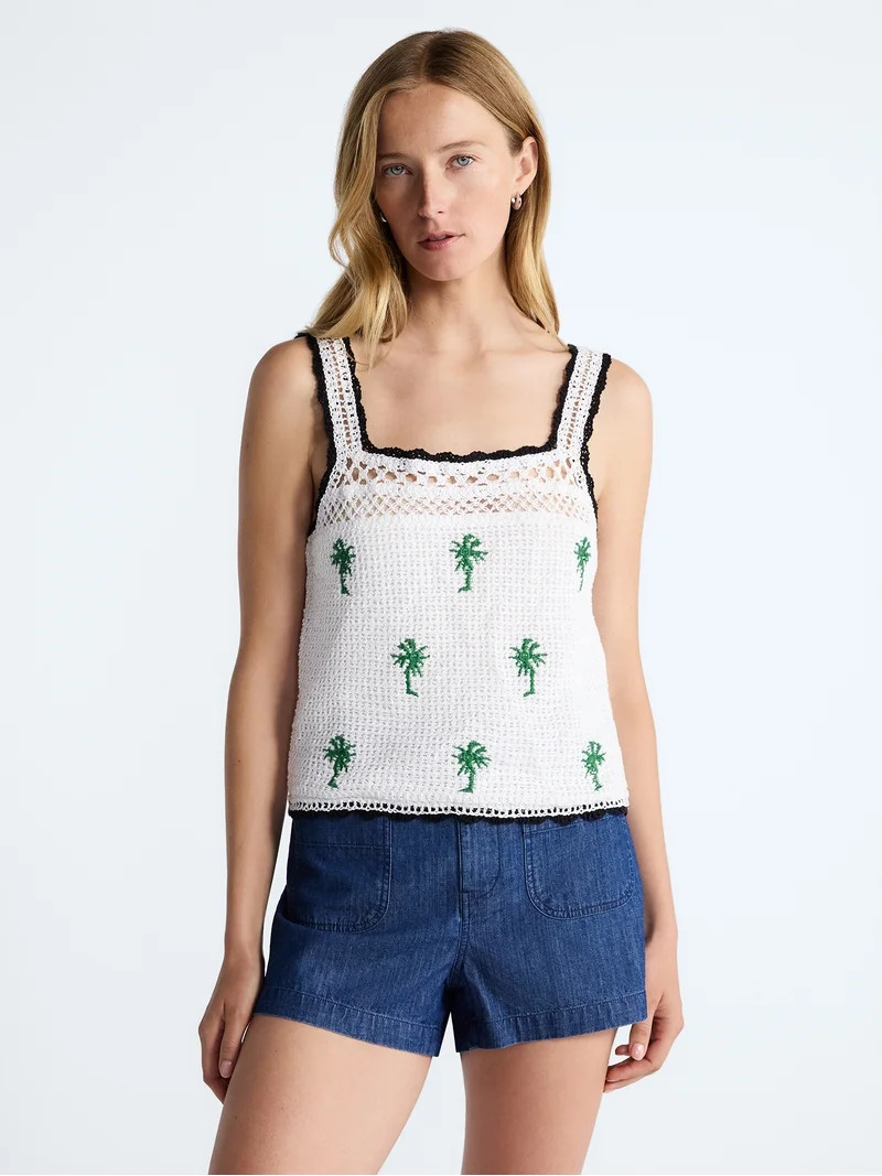 Free Assembly Women's Embroidered Square Neck Cotton Tank Top, Sizes XS-XXL | Walmart (US)