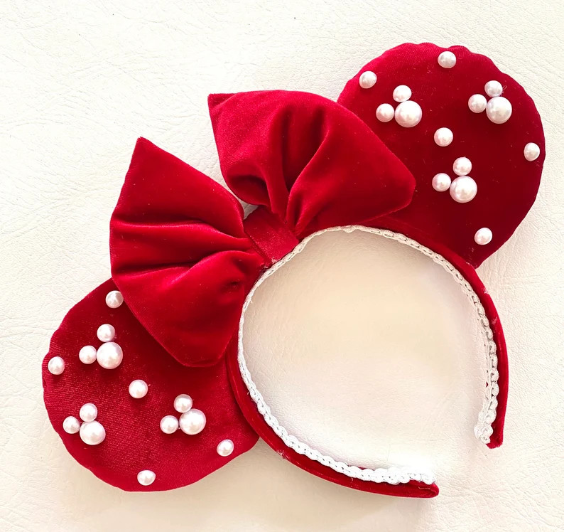 Christmas Red Holiday Velvet Pearl Minnie Mouse Ears - Etsy | Etsy (US)