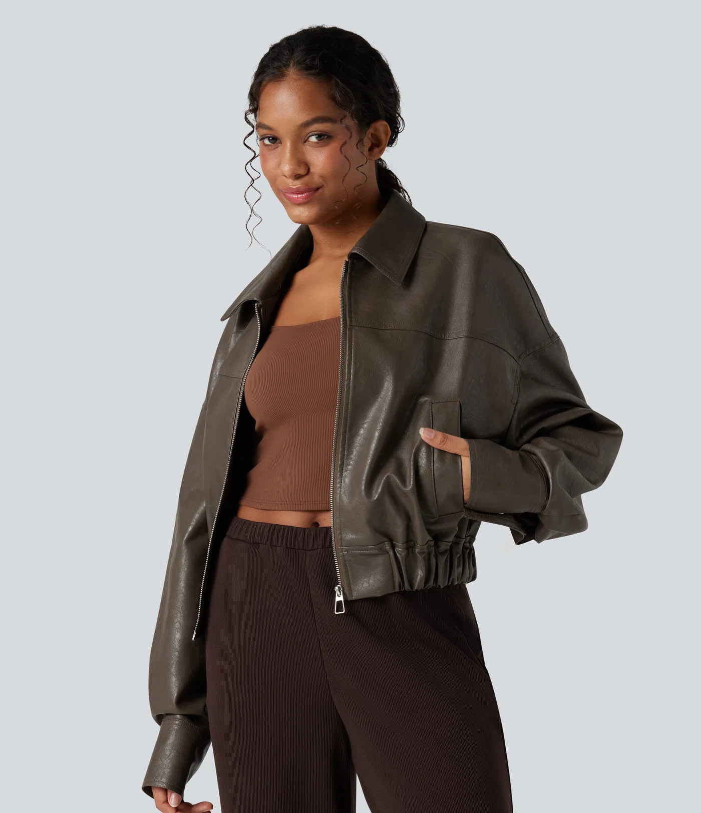 Women’s Zipper Long Sleeve Casual Faux Leather Jacket with Pockets - Halara | HALARA