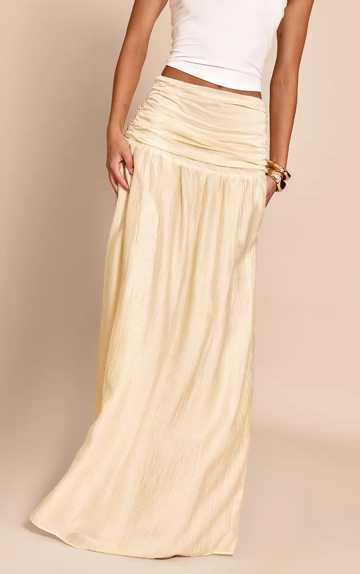 Pale Lime Crinkle Textured Ruched Waistband Maxi Skirt | PrettyLittleThing UK