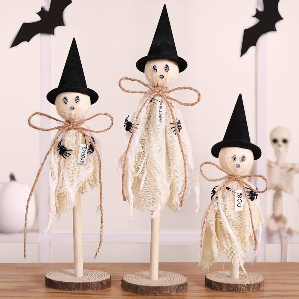 Ghost Decorations Indoor 3pcs Primitive Halloween Ghost on Wooden Stand Halloween Table Centerpie... | Amazon (US)