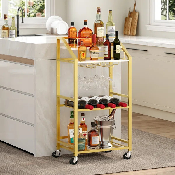 Serving Bar Cart With Mirrored Shelf With Wheels | Wayfair North America
