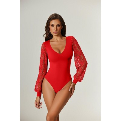 Avidlove Womens Long Sleeve Bodysuit Double Lined V Neck Lace Puff Sleeves Going Out Top Shirts Thong Leotard Body Suit True Red M | Target