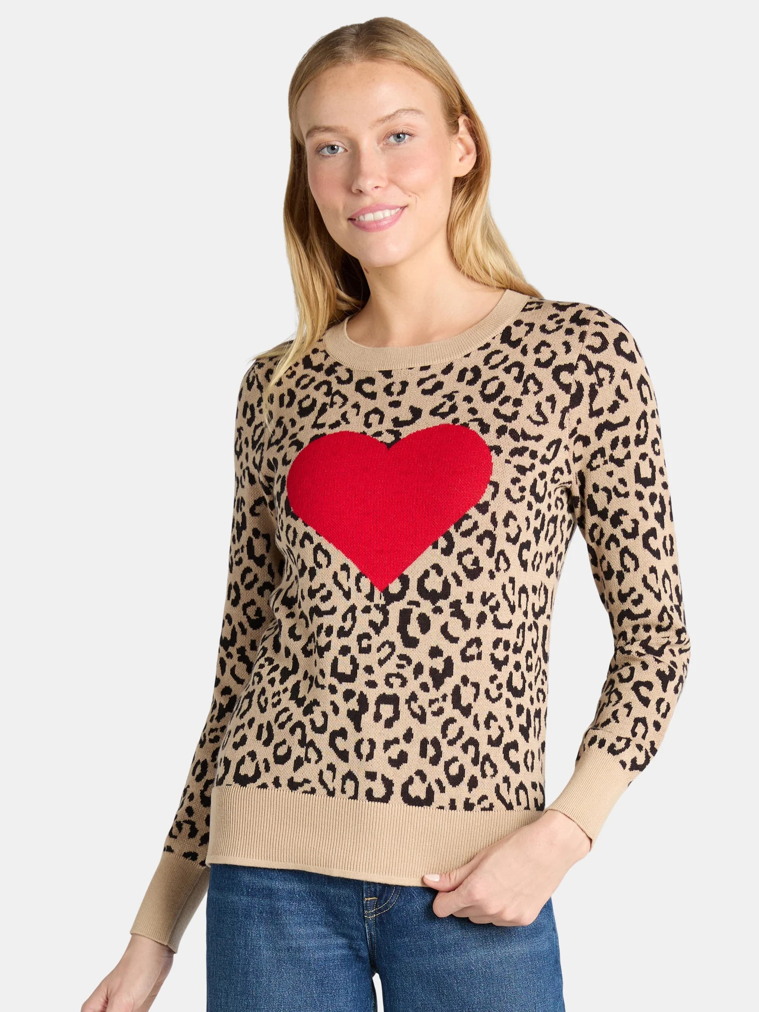 Time and Tru Women’s Heart Leopard Intarsia Sweater, Lightweight, Sizes XS-XXXL | Walmart (US)
