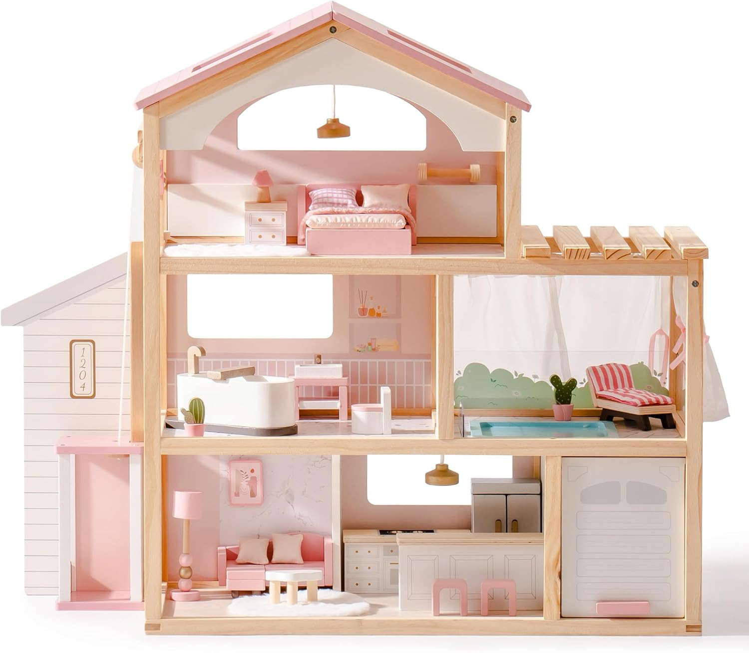 ROBOTIME Wooden Dollhouse, Doll House with 29 Pieces Furniture Set - Pool and Elevator, Wooden Do... | Amazon (US)