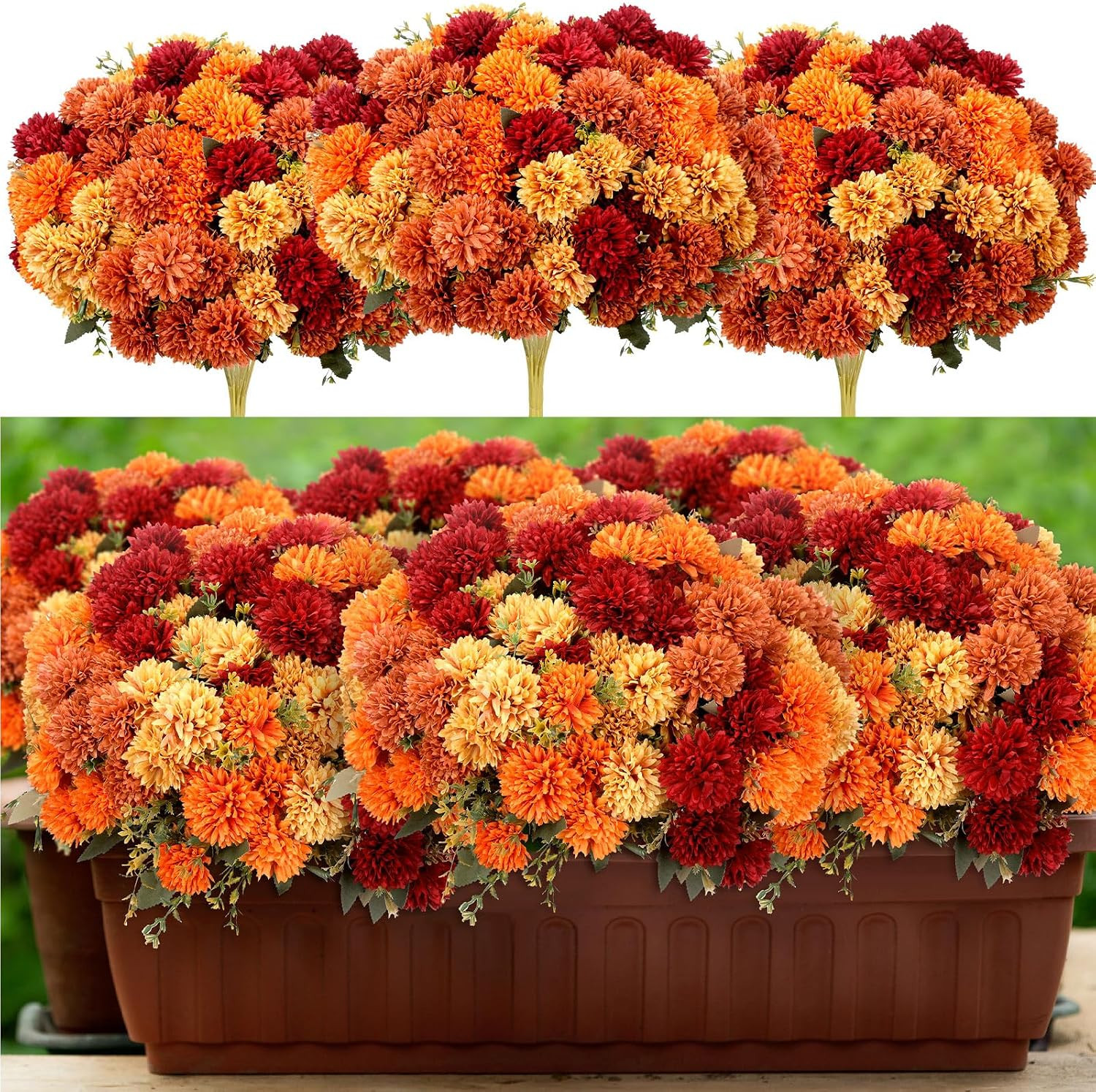XunYee 12 Pcs Fall Artificial Flowers for Outdoor Faux Mums,Burnt Orange | Amazon (US)