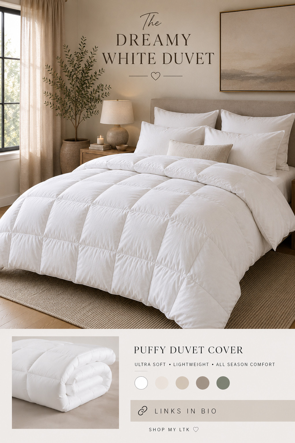 The Dreamy White Duvet 🤍

There’s nothing better than fresh, cozy bedding that makes your bedroom feel like a luxury hotel. ☁️ This white duvet gives the bed that soft, fluffy, elevated look while keeping everything clean and timeless.

Perfect for creating that cozy, neutral bedroom aesthetic. 🤍

🔗 Shop the duvet on my LTK!

#LTKHome #LTKFinds #BedroomInspo #BedroomDecor #NeutralHome #CozyBedroom #WhiteBedding #DuvetCover #HomeDecorFinds #LuxuryBedroom
 

 #LTKSeasonal #LTKHome #LTKSaleAlert