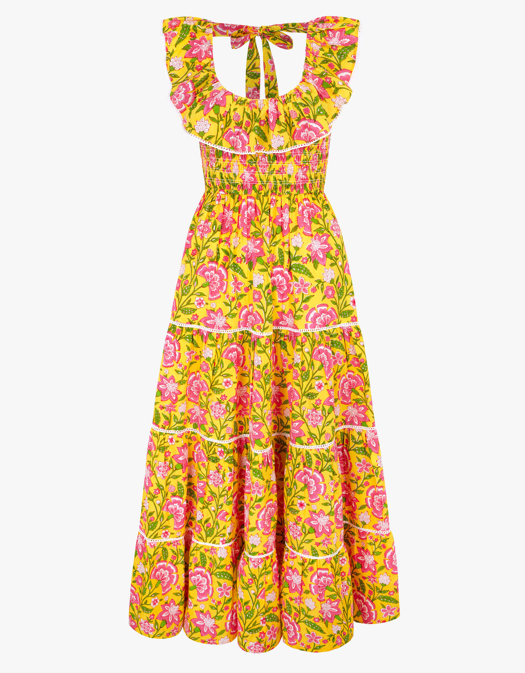 Susie Dress | Yellow, Pink & Green Floral Maxi | Block Print Cotton | Pink City Prints UK