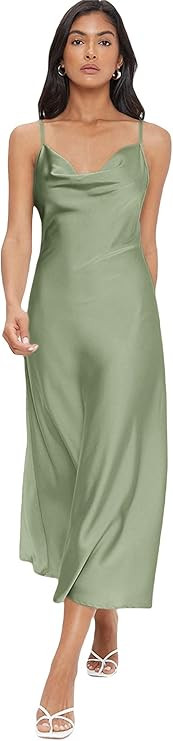 Floerns Women's Spaghetti Strap Cowl Neck Long Slip Satin Silk Midi Dress | Amazon (US)