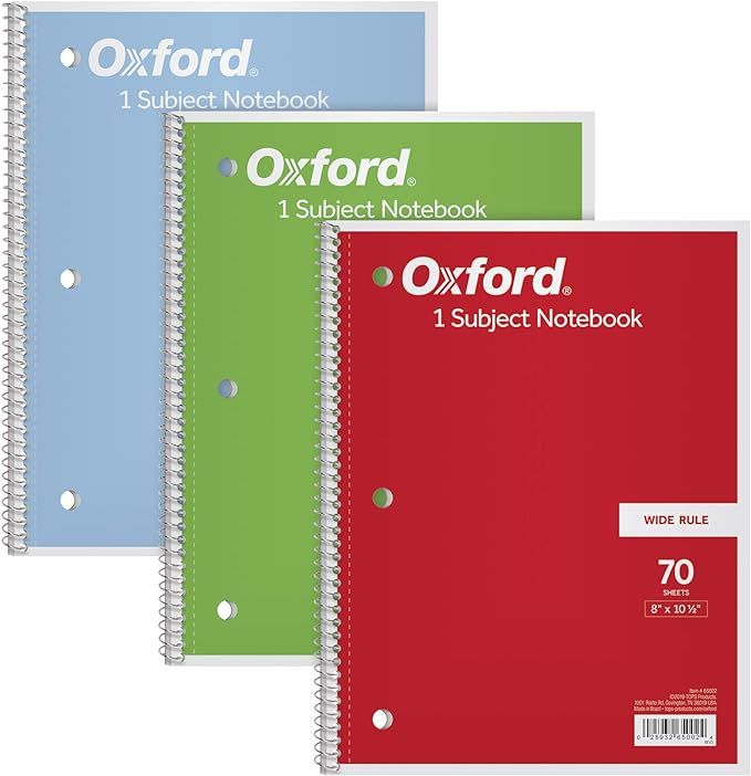 Oxford 1-Subject Notebooks, 8" x 10-1/2", Wide Rule, 70 Sheets, 3 Pack, Color Assortment May Vary... | Amazon (US)