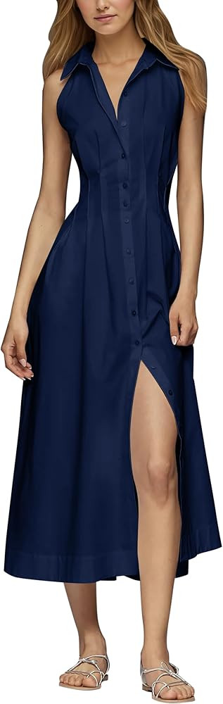 Burtell Women Pleated Button Down Shirt Maxi Dress Summer Lapel V Neck Sleeveless Cinched Waist L... | Amazon (US)