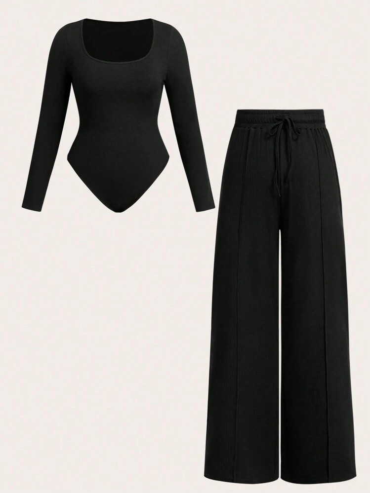 SHEIN MOOSTA 2pcs/Set Plus Size Grey U-Neck Wide Leg Jumpsuit, Casual Skinny Fit Outing Fashionab... | SHEIN