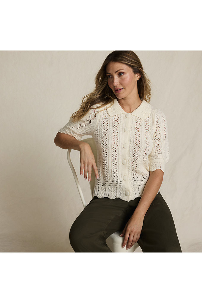 Women's Lace Pointelle Puff Sleeve Cardigan Sweater - Lands' End - Ivory - M | Lands' End (US)