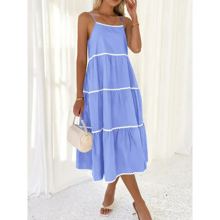 Musuos Women Summer Casual Long Dress Spaghetti Strap Sleeveless Wavy Striped Trim Backless A-Lin... | Walmart (US)