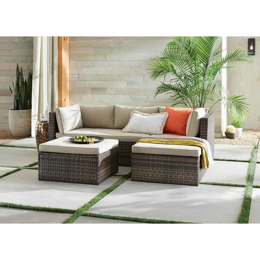 Valley Peak 3-Piece All-Weather Brown Wicker Sectional Patio Set with Beige Cushions | The Home Depot