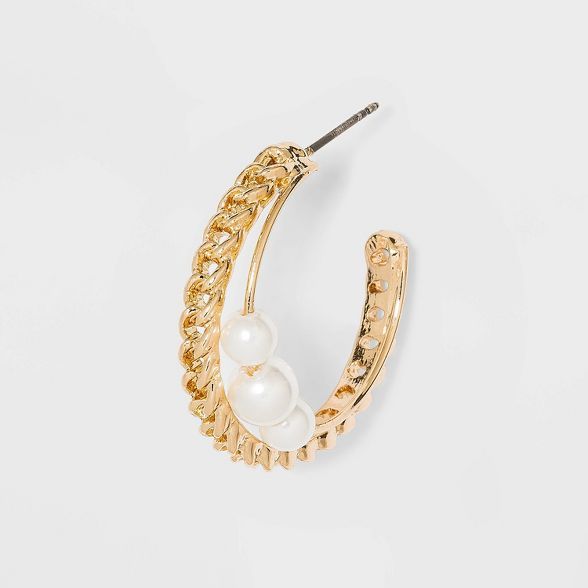 Two Row Chain and Pearl Hoop Earrings - A New Day™ Gold/White | Target