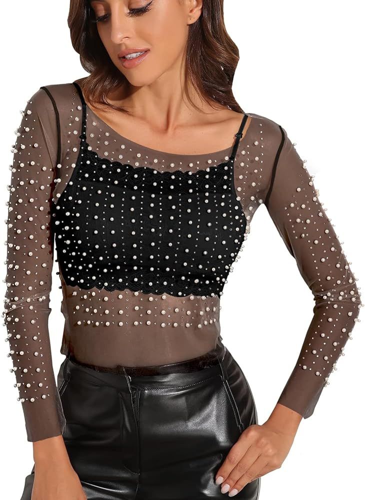 Women's Pearl Rhinestone See Through Long Sleeve Mesh Blouse One Piece Cover Up Crop Top | Amazon (US)