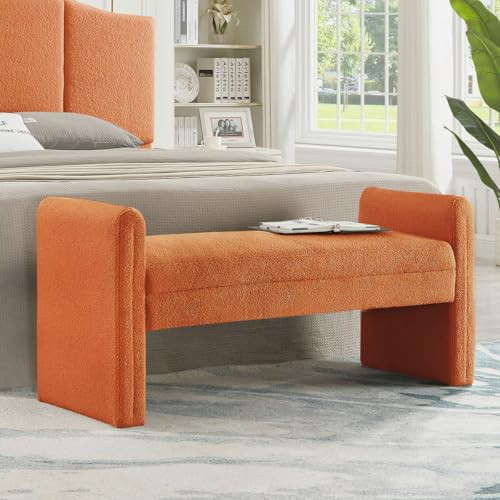 24KF Modern Boucle Teddy Lovely Bench, Upholstered Bed Bench Entryway Bench Ottoman with Armrest, 5062-Orange | Amazon (US)