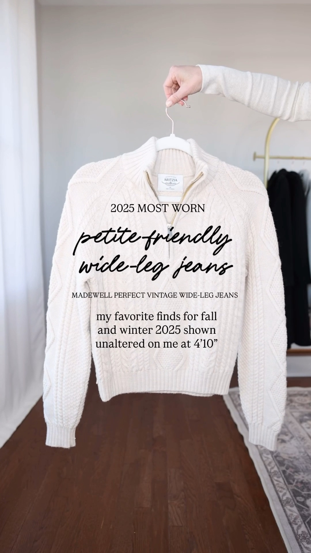 2025 Most Worn Series: perfect vintage wide leg jeans from Madewell! 

I fell in love with four different pairs of wide leg jeans this season and shared them heavily (I’ll link them all here). The PV wide leg jeans from Madewell in pipestone wash were a stand out! 

Jeans: petite 24 - 10.5” rise, 28” inseam 
Turtleneck (Quince): xs in oat 
Sweater (Aritzia): xs 
Boots (J.Crew): tts 
Socks (Amazon) 
Coat (J.Crew): petite 00 

My measurements for reference: I’m 4’10” and 105lbs. My bust, waist, and hip measurement is 32”, 24”, and 36”.

(Winter outfits, petite fashion, most worn)