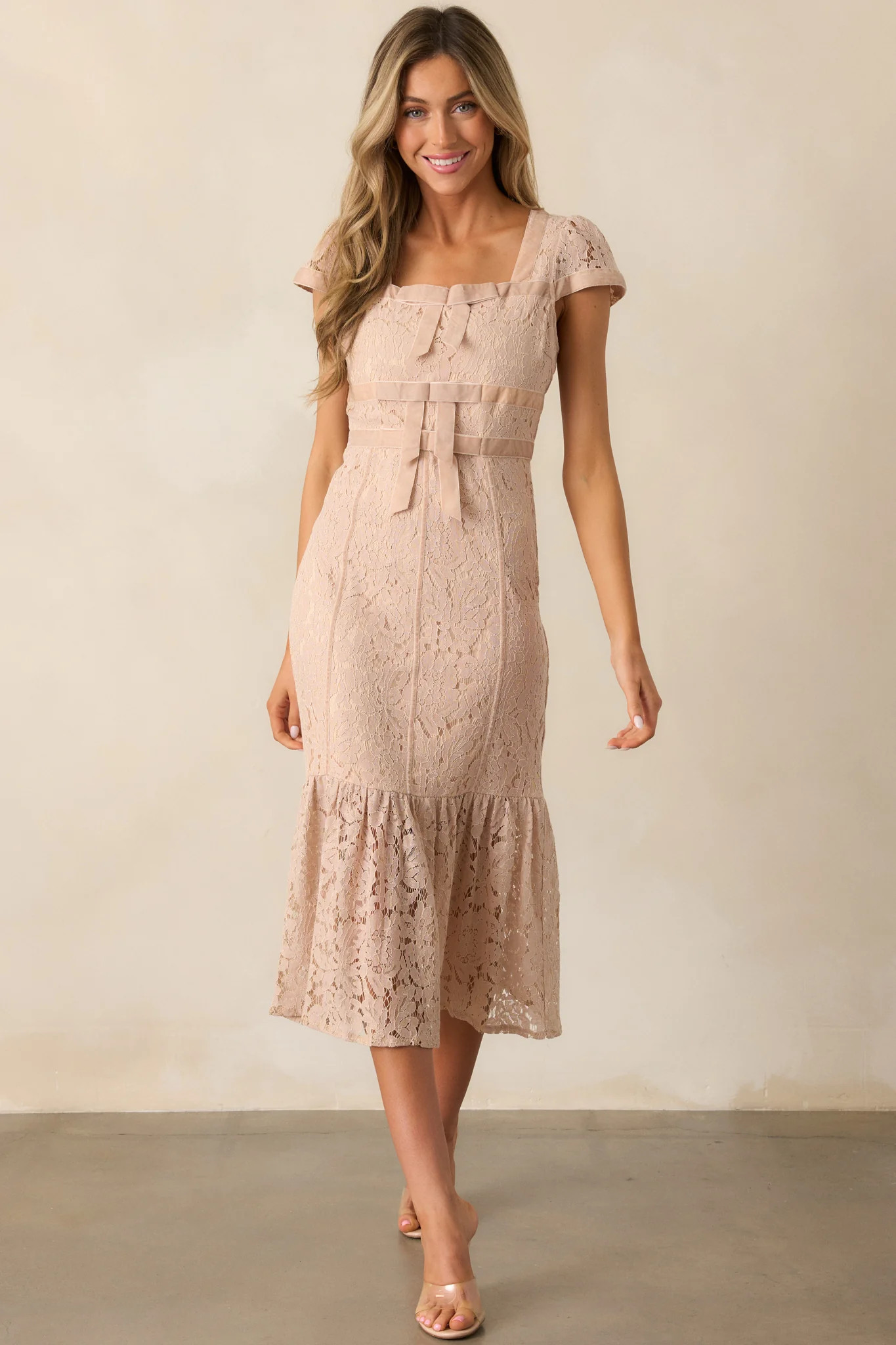 Cobblestone Chronicles Blush Lace Midi Dress | Red Dress