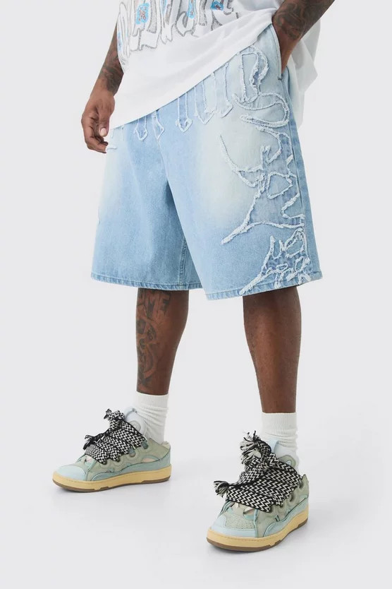 Plus Official Self Fabric Applique Denim Jorts In Ice Blue | boohooMAN (US & Canada)