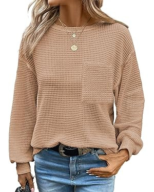 Dokotoo Womens Tops 2025 Oversized Long Sleeve Crewneck Waffle Knit Shirts Business Casual Blouse... | Amazon (US)