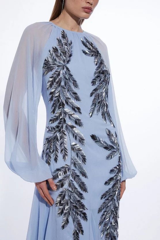 Feather Embellished Woven Long Sleeve Maxi Dress | Karen Millen UK + IE + DE + NL