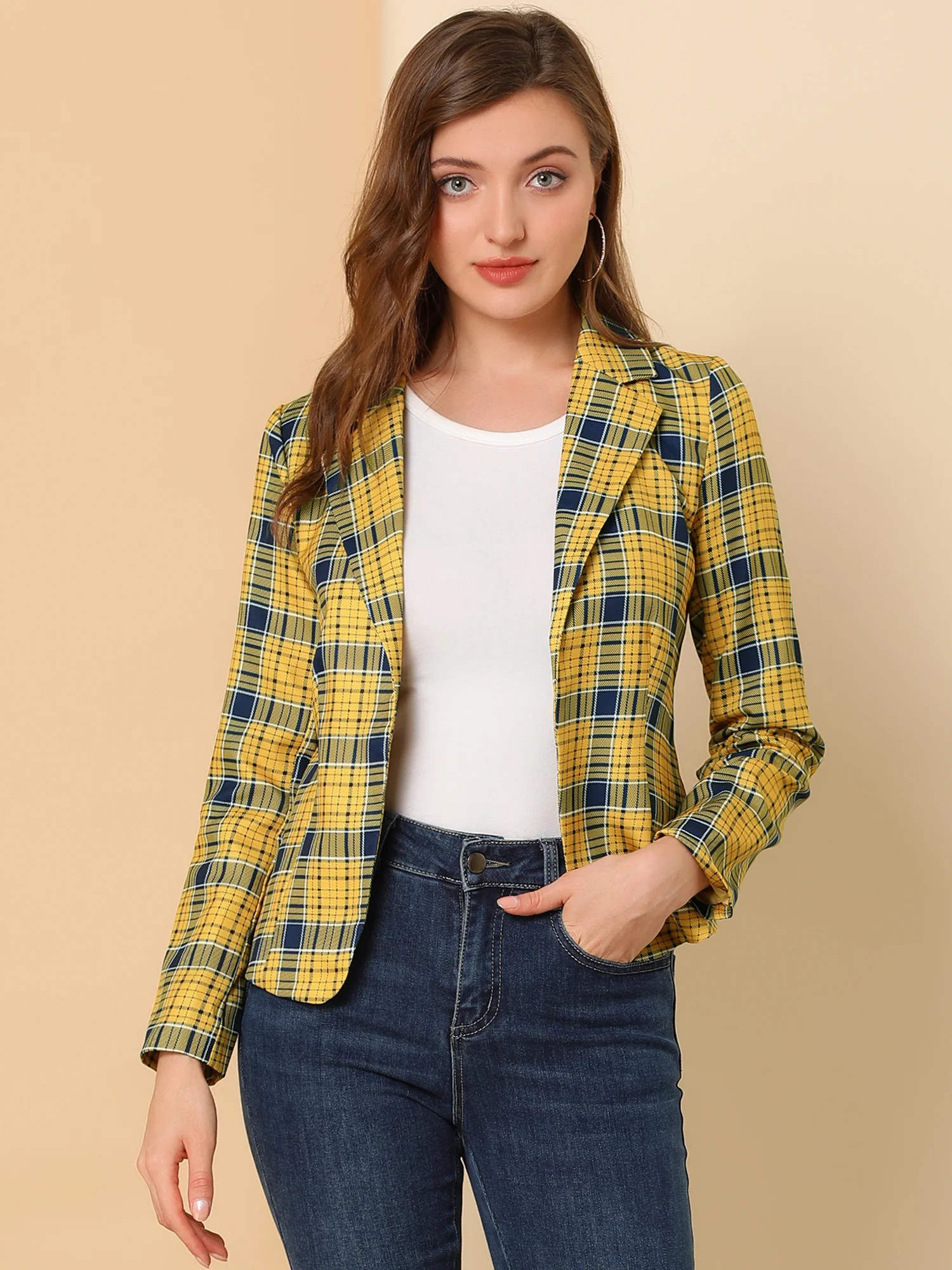 Business Casual Open Front Notch Lapel Plaid Suit Blazer | allegra-k