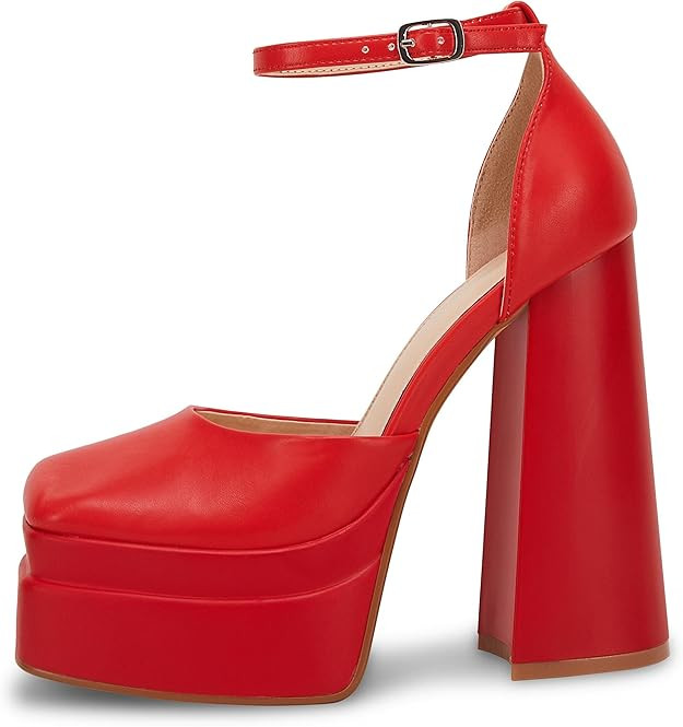 Womens Platform Chunky High Block Heels Ankle Strap Closed Square Toe Pumps Office Dress Wedding ... | Amazon (US)