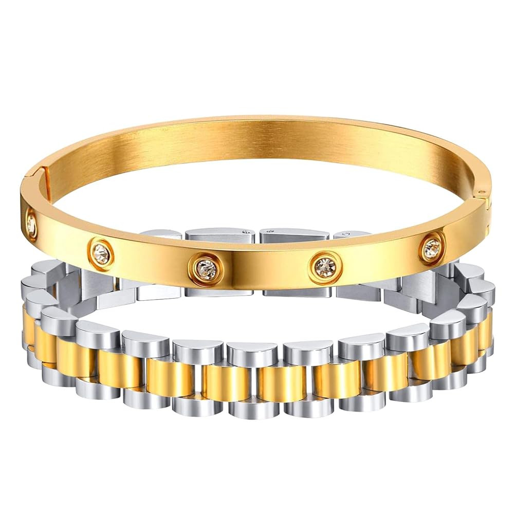 MPRAINBOW 2pcs Gold Chain Link Bracelet, Stainless Steel Crystal Friendship Bracelets Bangle,Watc... | Amazon (US)