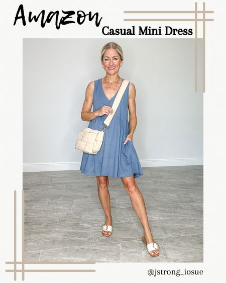 Amazon casual mini dress. Babydoll style is flowy and the dress has pockets. Comes in 12 colors, I’m wearing XS in blue grey. I had spandex underneath for comfort because of the mini length and flowy style. 

#LTKfindsunder50 #LTKstyletip