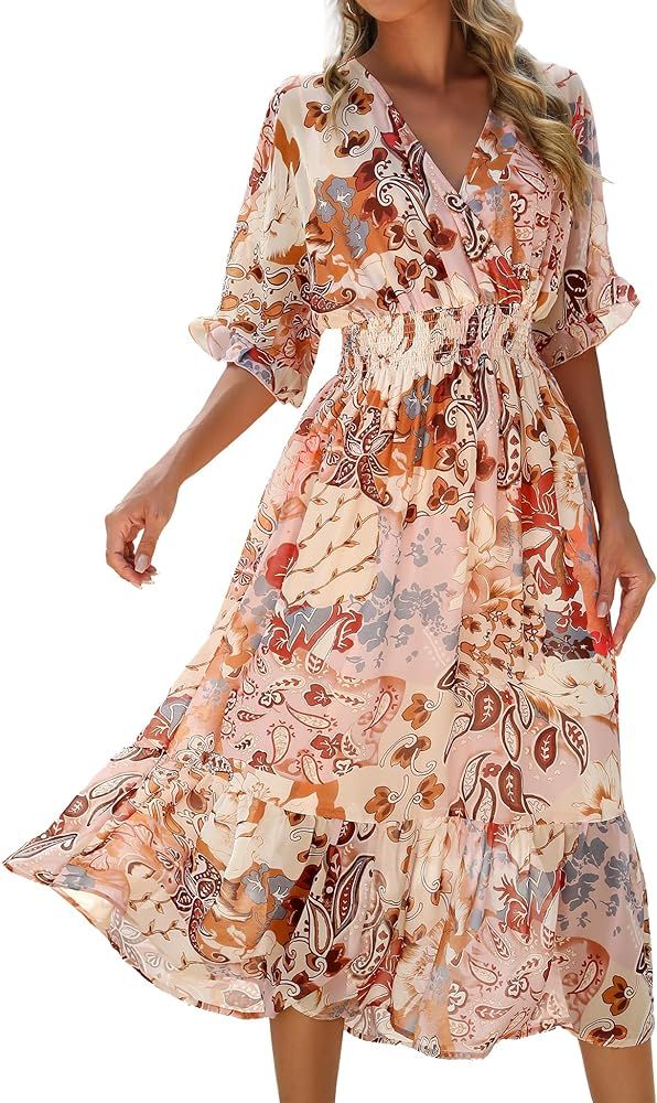 Women's Spring Summer 2024 Floral Midi Dress A Line Chiffon Boho Dress Casual Short Sleeve Long B... | Amazon (US)