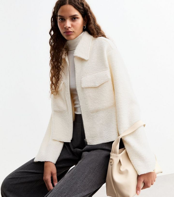 Cream Textured Zip Up Short Jacket  | New Look | New Look (UK)