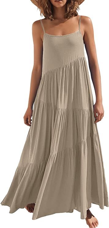 ANRABESS Women’s Summer Casual Loose Sleeveless Spaghetti Strap Asymmetric Tiered Beach Maxi Lo... | Amazon (US)