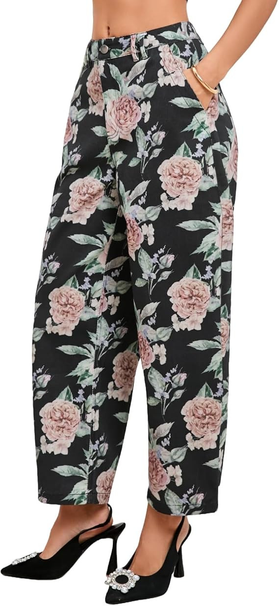 Women Floral Embroidered Barrel Jeans Wide Leg Mid Rise Boyfriend Baggy Denim Ankle Pants with Po... | Amazon (US)