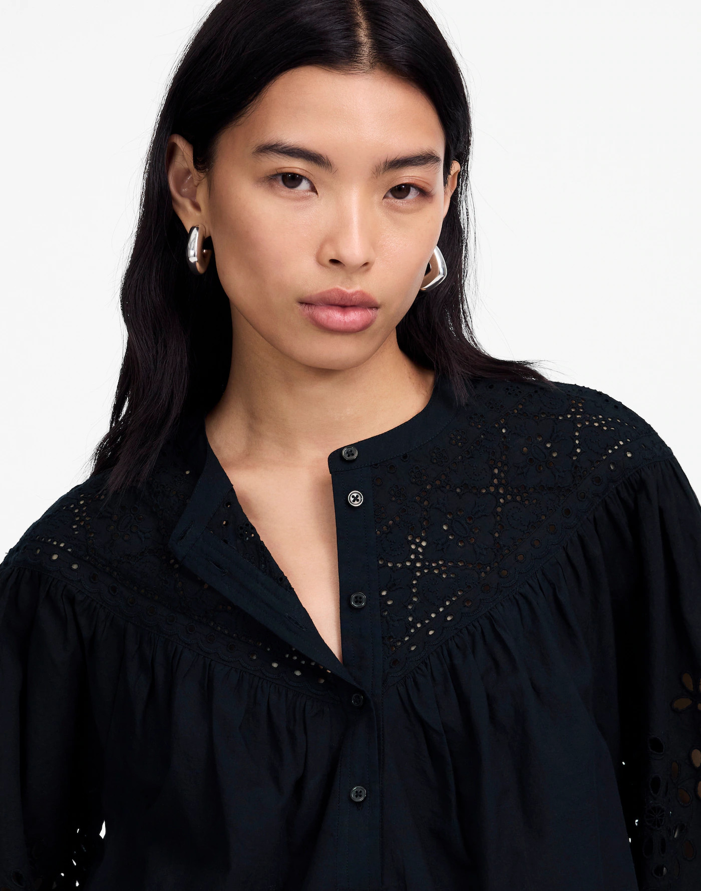 Embroidered Shirred Henley Top | Madewell