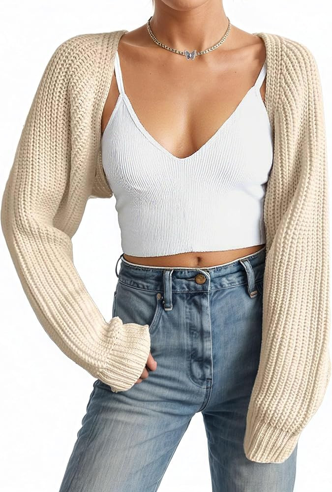 Women Open Front Ribbed Knit Crop Bolero Drop Shoulder Long Sleeve Solid Loose Fit Knitted Crop C... | Amazon (US)