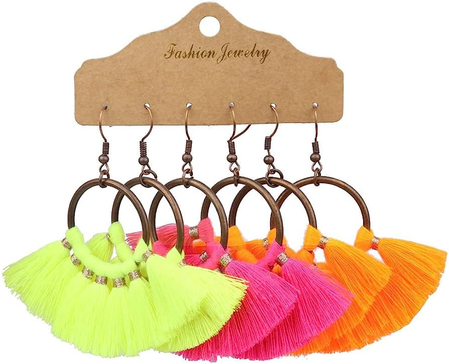 HXSCOO Exknl 3 Pairs/Set Vintage Tassel Earrings Set for Women Flower Big Long Fringed Dangle Ear... | Amazon (US)