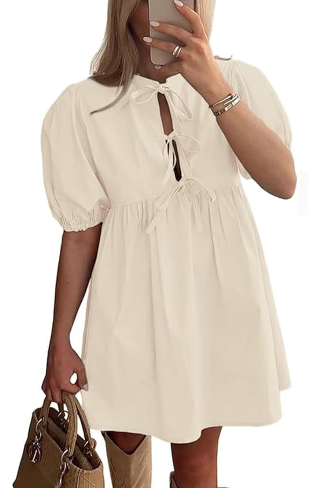 Womens Casual Dresses Short Puff Sleeve A-Line Mini Dress with Hidden Buttons for Summer | Amazon (US)