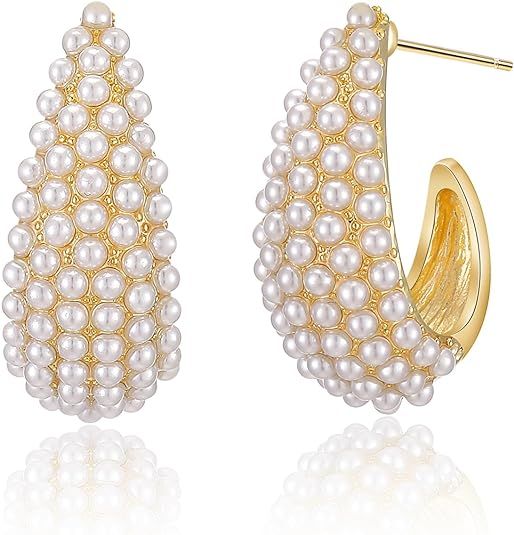 Aprilery Pearl Hoop Earrings for Women, Trendy 14K Gold Plated Round Pearl Cuff Hoop Earrings Hyp... | Amazon (US)